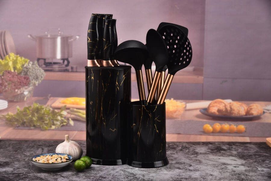 Senella Keukengerei set 11-delige set Messen set met blok RVS Luxe kookgerei set Hitte bestendig Marmeren details Zwart met Goud