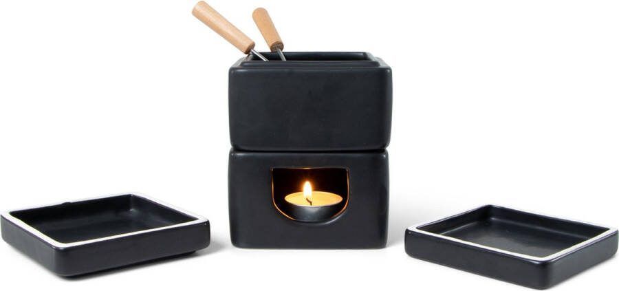 SENZA Mini Fondueset Inclusief 2 bakjes Voor waxinelicht Chocolade fondue Keramiek Zwart