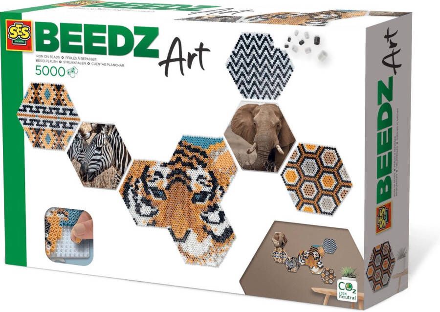 SES Beedz Art Hex tiles Safari 5000 strijkkralen collage met strijkkralen en foto's complete set met grondplaten en fotostickers