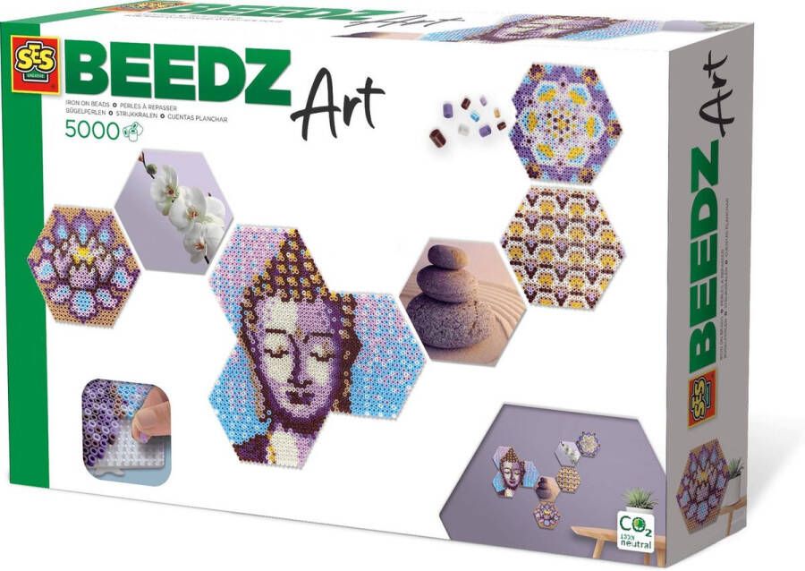 SES Beedz Art Hex tiles Zen 5000 strijkkralen collage met strijkkralen en foto's complete set met grondplaten en fotostickers