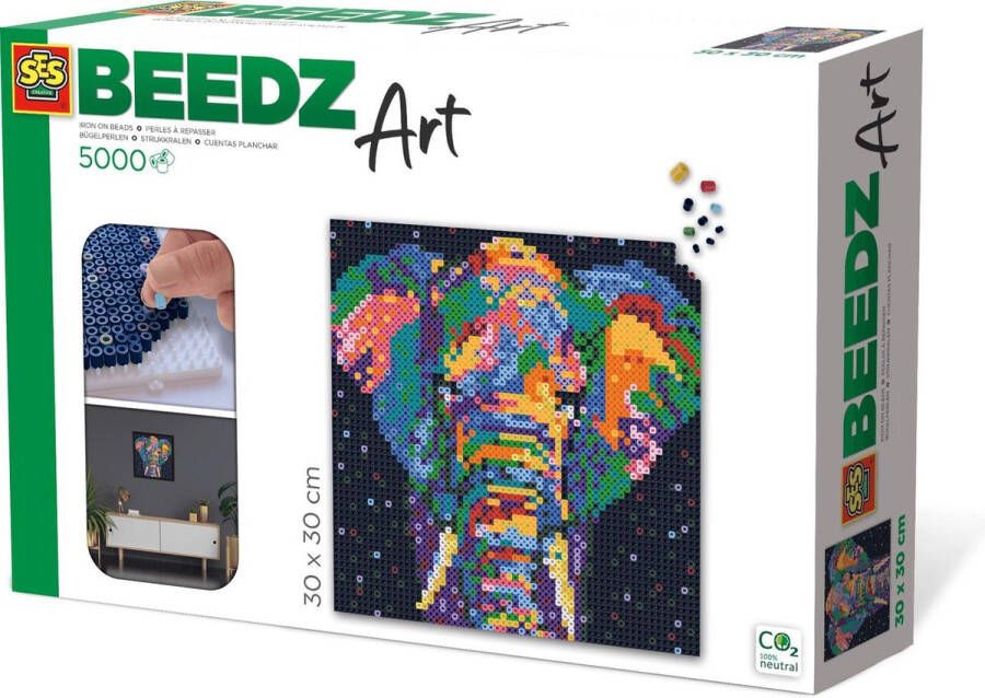 SES Beedz Art Olifant fantasie 5000 strijkkralen kunstwerk van strijkkralen complete set met grondplaten en strijkvel