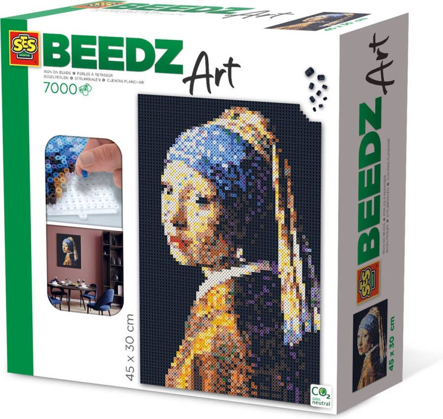 SES Beedz Art Vermeer Meisje met de Parel 7000 strijkkralen kunstwerk van strijkkralen complete set inclusief grondplaten en strijkvel Knutselen Volwassenen