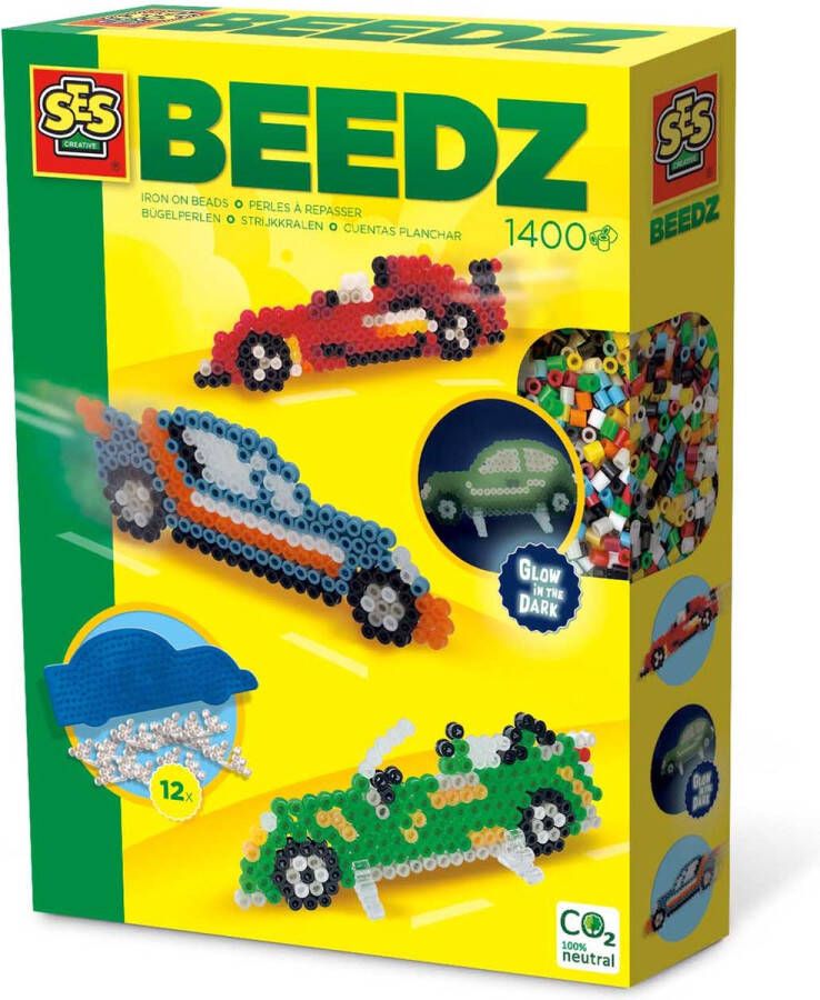 SES Beedz Strijkkralen met legbord grondplaat 1200 strijkkralen en strijkvel auto met stickers en steunvoetjes PVC vrij