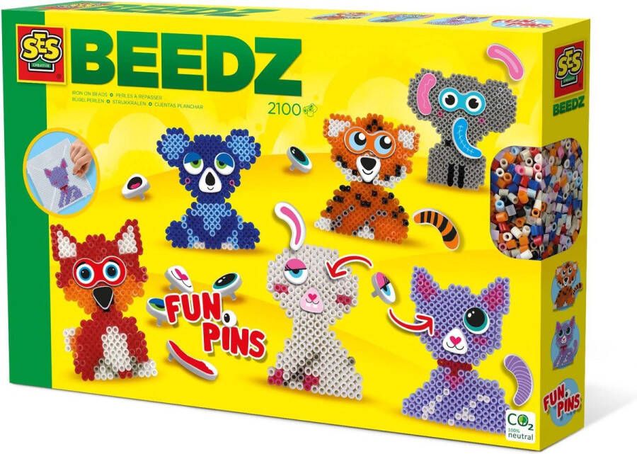 SES Beedz Strijkkralen met legbord grondplaat 2100 strijkkralen en strijkvel Fun Pins dieren PVC vrij