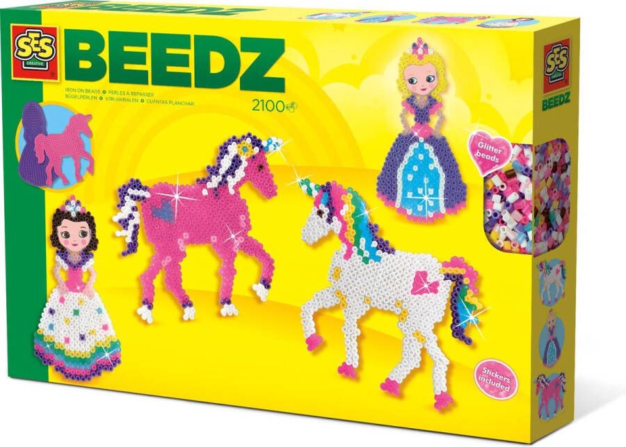 SES Beedz Strijkkralen met legborden grondplaten 2100 strijkkralen en strijkvel eenhoorns en prin sen unicorn met glitterkralen en stickers PVC vrij