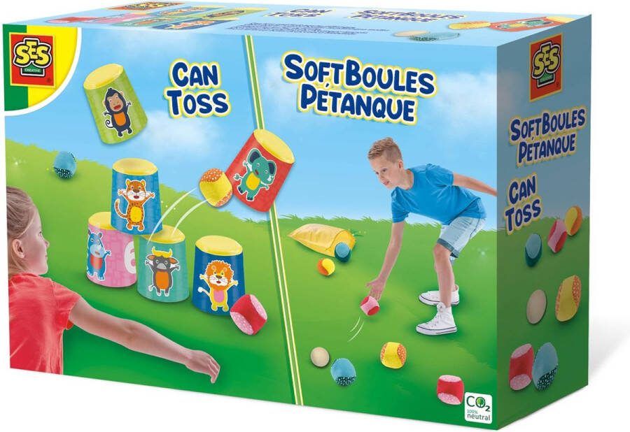 SES Blikgooien en soft jeu de boules 2-in-1 spellen stevige kunststof bekers en zachte ballen in handige bewaartas