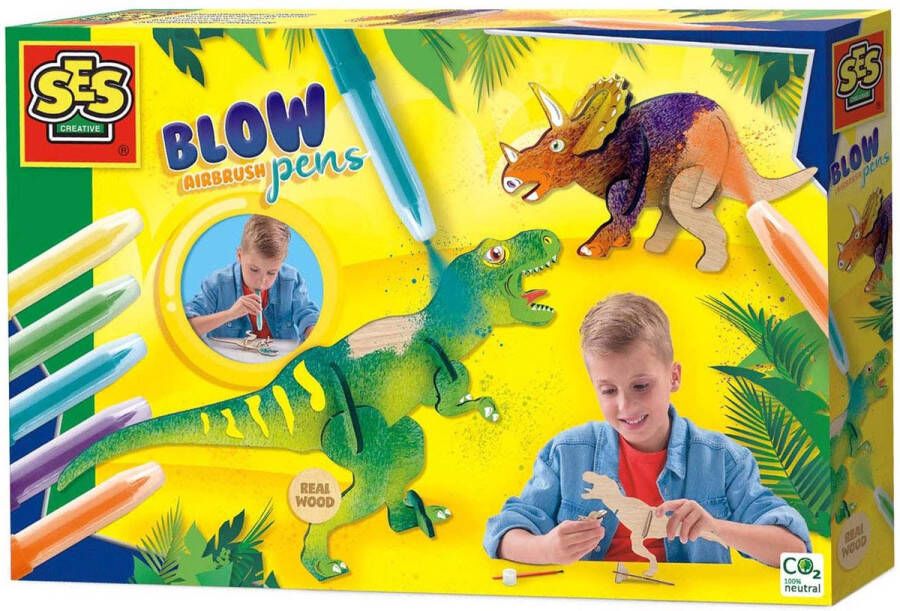 SES Blow airbrush pens Dino's 5 stuks blaasstift goed uitwasbaar inclusief dino onderdelen lijm penseel en stickers knutselen jongens Dinosaurus Speelgoed