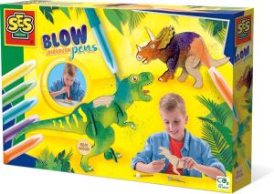 SES Blow airbrush pens Dino's 5 stuks blaasstift goed uitwasbaar inclusief dino onderdelen lijm penseel en stickers