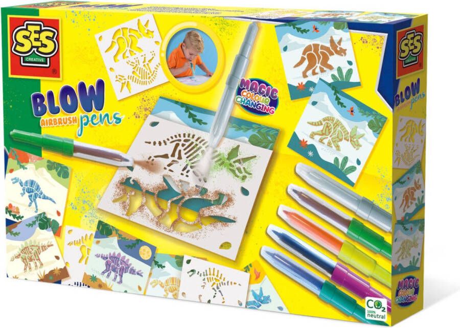 SES Blow airbrush pens Dinos magisch kleurveranderen heldere kleuren met bedrukte kaarten maakt stoere dino's met skeletten knutselen jongens Dinosaurus Speelgoed