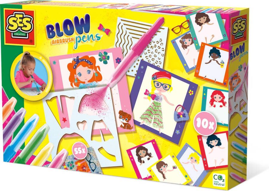 SES Blow airbrush pens Fashion designer 10 fashion kaarten met sjablonen airbrush pens afdekvellen en glitter stickers knutselen meisjes