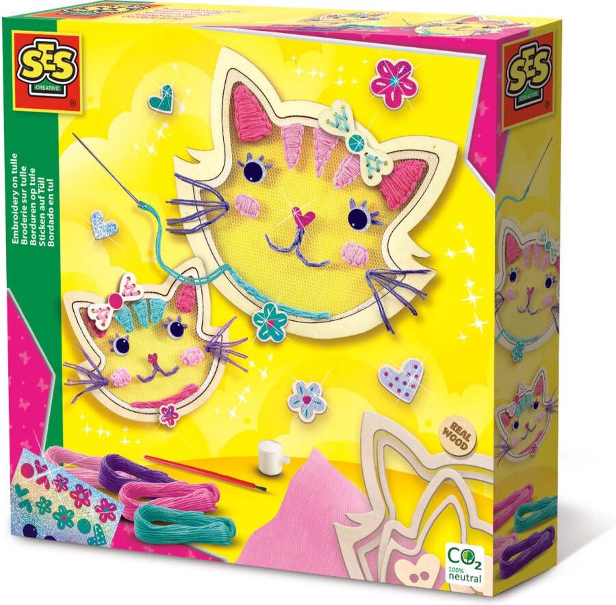 SES Borduren op tule katten thema borduurringen van echt hout 4 kleuren borduurgaren met glitter stickers voor de details