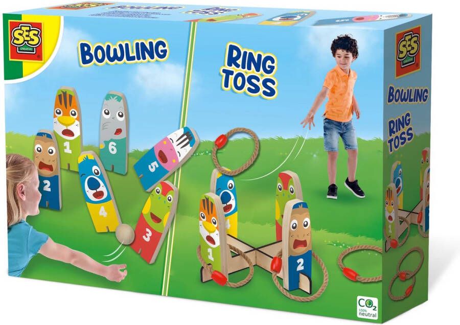 SES Bowlen en ringgooien 2-in-1 spellen vrolijke kegels van echt hout in handige bewaartas