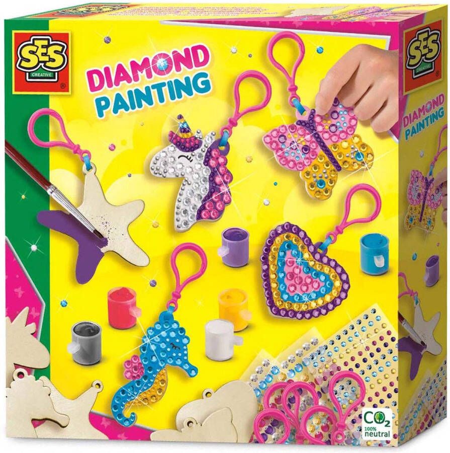 SES Diamond painting Houten sleutelhangers zelf sleutelhangers maken 560 diamonds en 6 kleuren verf inclusief kunststof sleutelhangers houten figuren en lint knutselen meisjes