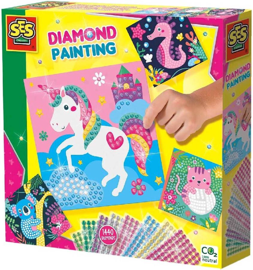 SES Diamond painting Vrolijke dieren 1440 diamonds in 8 kleuren met 4 gekleurde kaarten