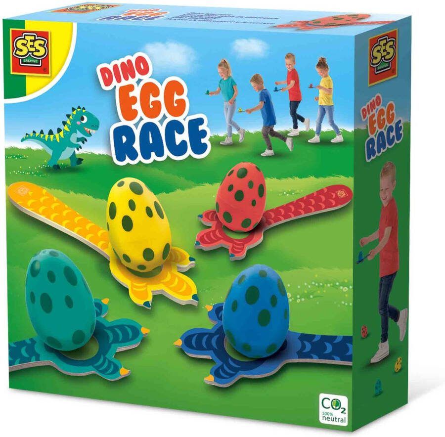 SES Dino eierloop set met 4 eieren 4 dino lepels en 4 dino fiches buiten spelen met handige bewaartas Dinosaurus Speelgoed