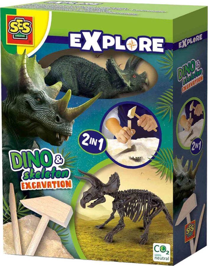 SES Dino en skelet opgraven 2 in 1 Triceratops bikblok met skelet complete set met houten hamer en beitel Dinosaurus Speelgoed