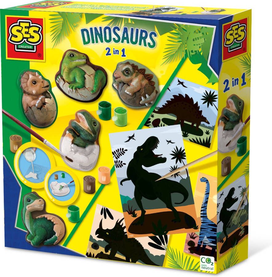 SES Dino's 2 in 1 Gieten en schilderen en scratch gedetailleerde gietmal sneldrogend gips grote scratch kaarten knutselen jongens Dinosaurus Speelgoed