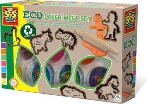 SES Eco klei mega set 7 kleuren klei met uitsteekvormen en houten roller makkelijk uitwasbaar