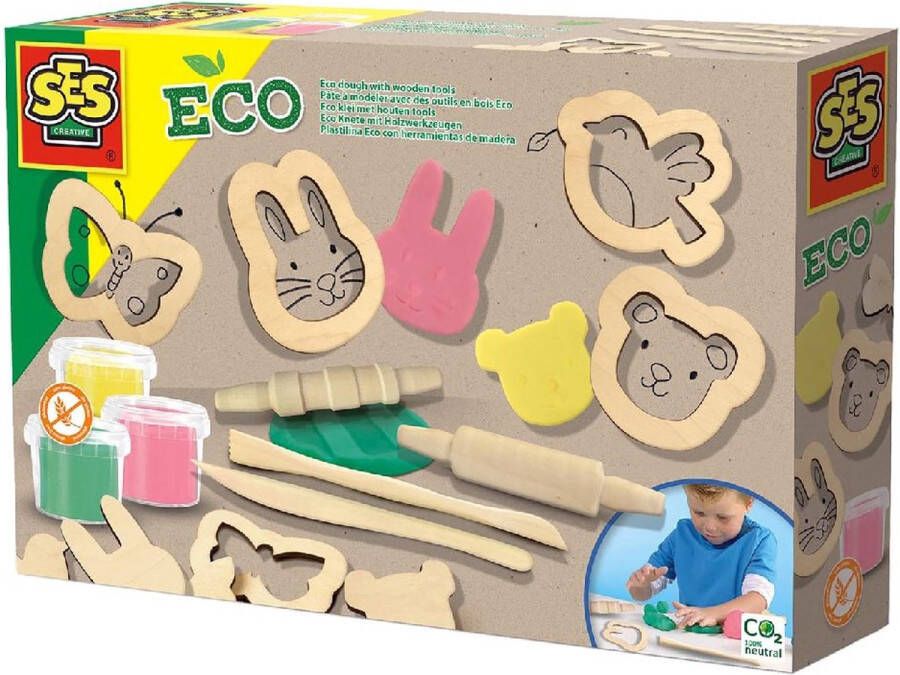 SES Eco klei met houten tools 3 kleuren klei met houten rollers vormpjes en boetseermessen makkelijk uitwasbaar