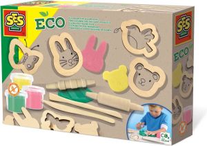 SES Eco klei met houten tools 3 kleuren klei met houten rollers vormpjes en boetseermessen makkelijk uitwasbaar
