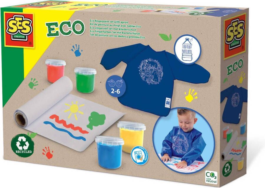 SES Eco vingerverf set met kliederschort 100% recycled 4 kleuren verf inclusief papierrol makkelijk uitwasbaar
