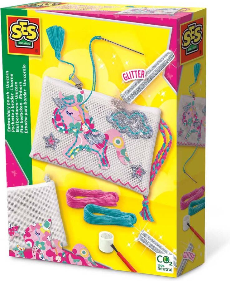 SES Etui borduren Unicorn eenhoorn knutsel je eigen tasje met vilt borduurgaren borduurnaald glitters lijm en penseel