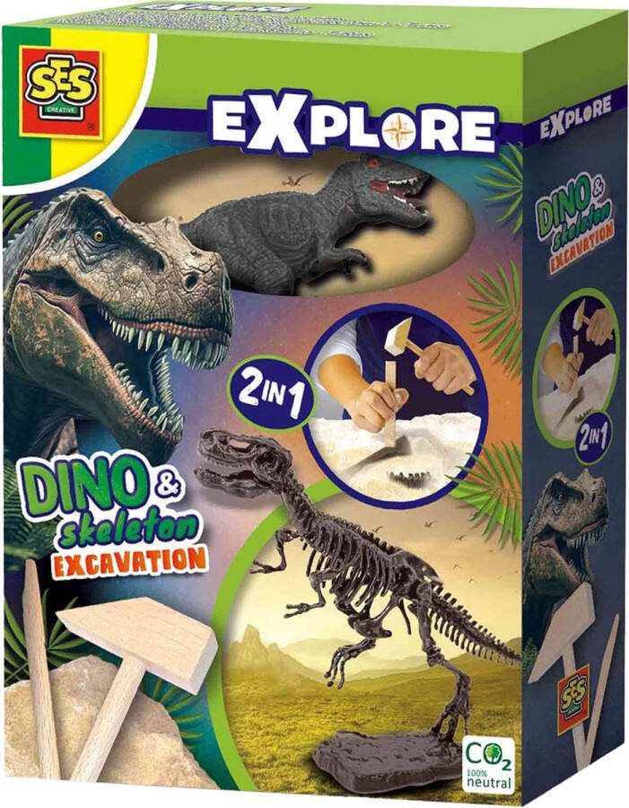 SES Explore Dino en skelet opgraven 2 in 1 T-rex bikblok met skelet complete set met houten hamer en beitel Dinosaurus Speelgoed