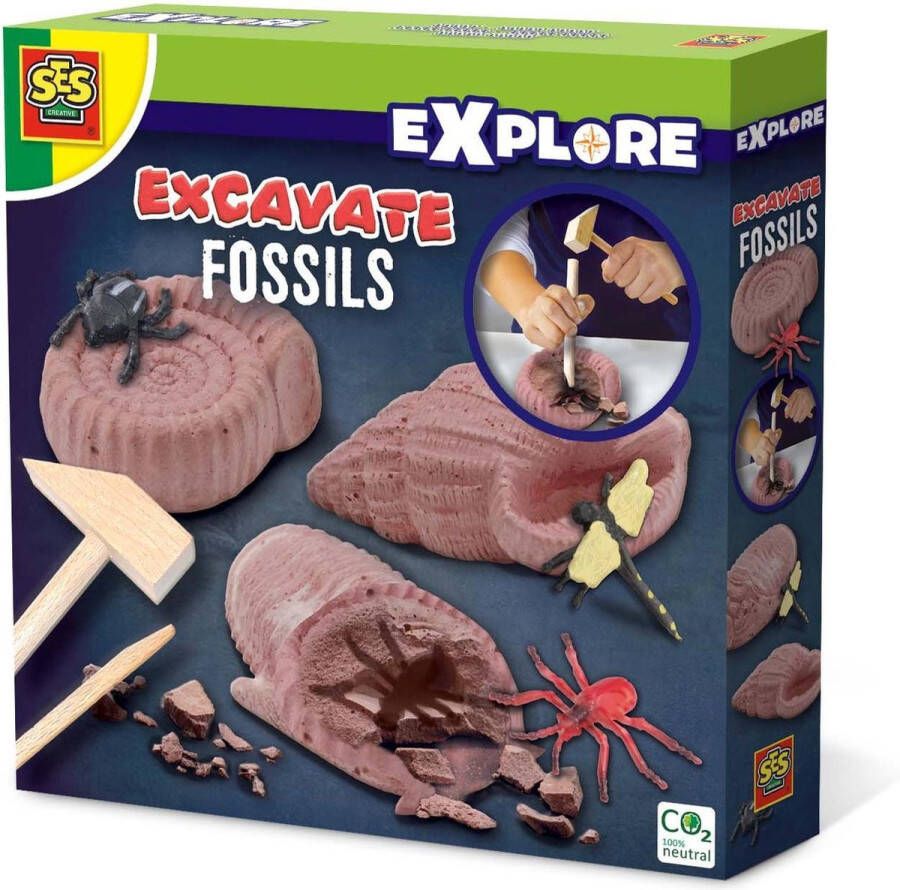 SES Explore Fossielen opgraven opgravingsset 3 fossielen met houten beitel en hamer