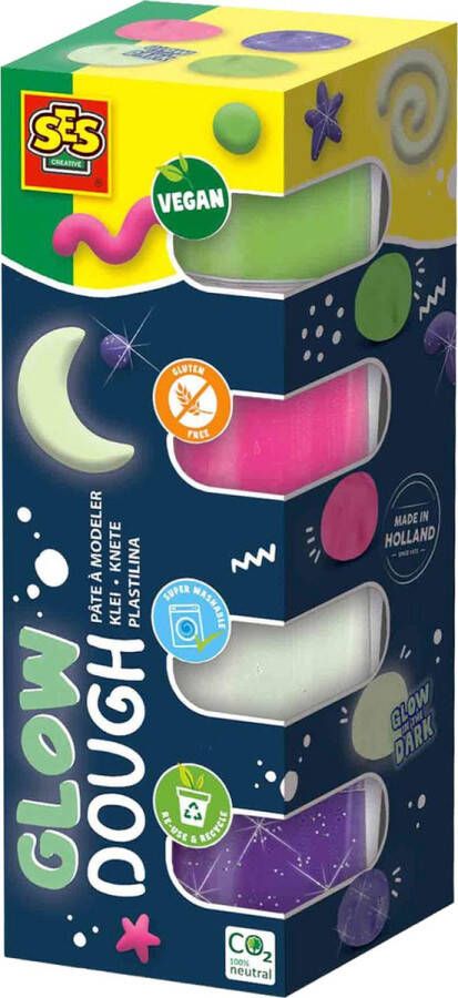 SES Feel good klei Glow (4x90gr) vegan en glutenvrij herbruikbare potjes uitwasbaar glow in the dark neon en glitter klei