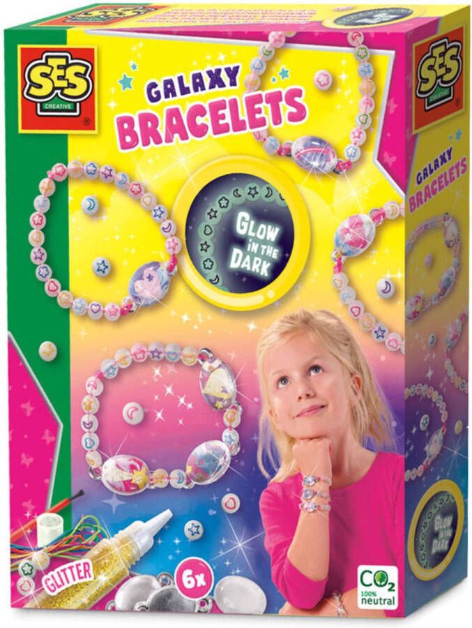 SES Galaxy Glow in the dark armbandjes maken meisjes- elastieken armbanden bedelsieraden met glow in the dark kralen en glitter knutselen meisjes