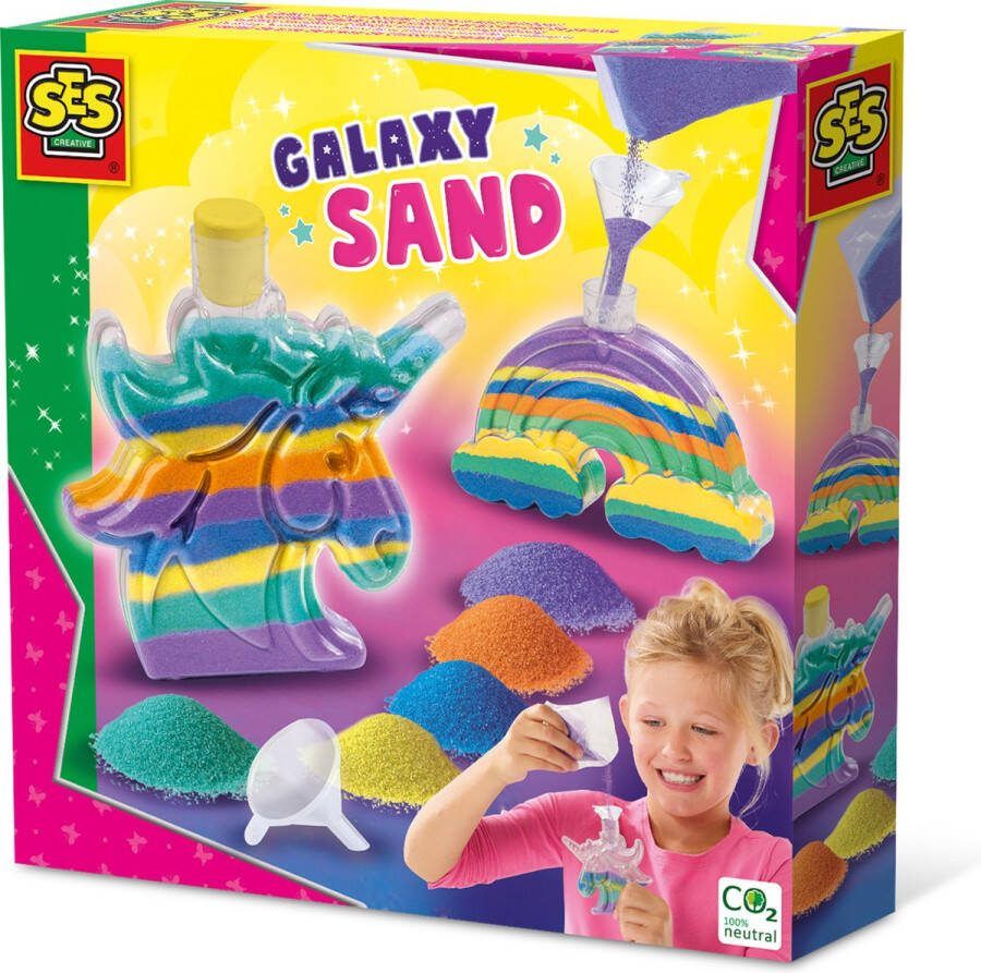 SES Galaxy zandkunst flesjes unicorn en regenboog eenhoorn 5 heldere kleuren zand inclusief trechter knutselen meisjes Unicorn Knutselen