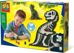 SES Gieten en schilderen T-Rex met skelet dino glow in the dark sneldrogend met gietmal gips verf penseel kam en lijm