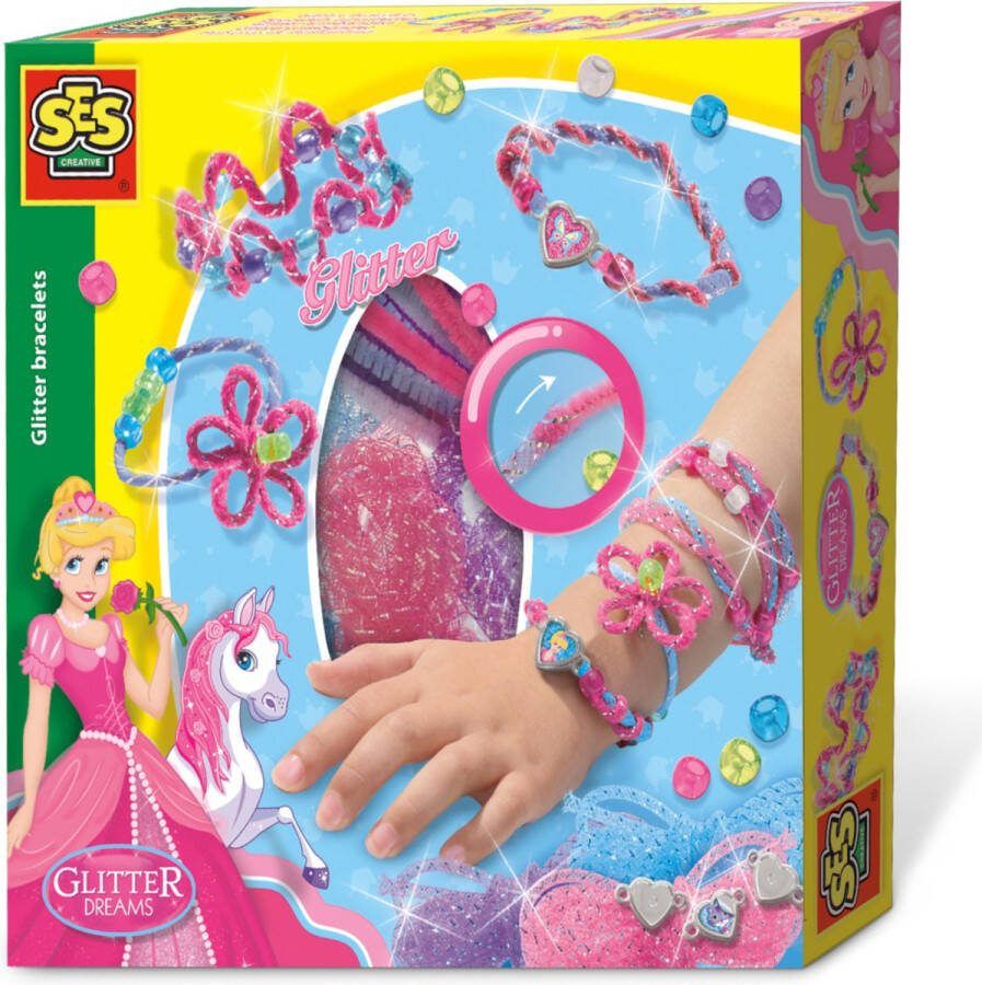 SES Glitter armbanden armbandjes maken meisjes inclusief bedels kralen draad en stickers knutselen meisjes knutselpakket