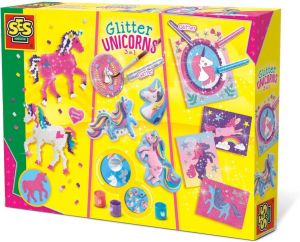 SES Glitter unicorns 3-in-1 eenhoorn set strijkkralen met grondplaat gips met verf + gietmal en glitterkaarten