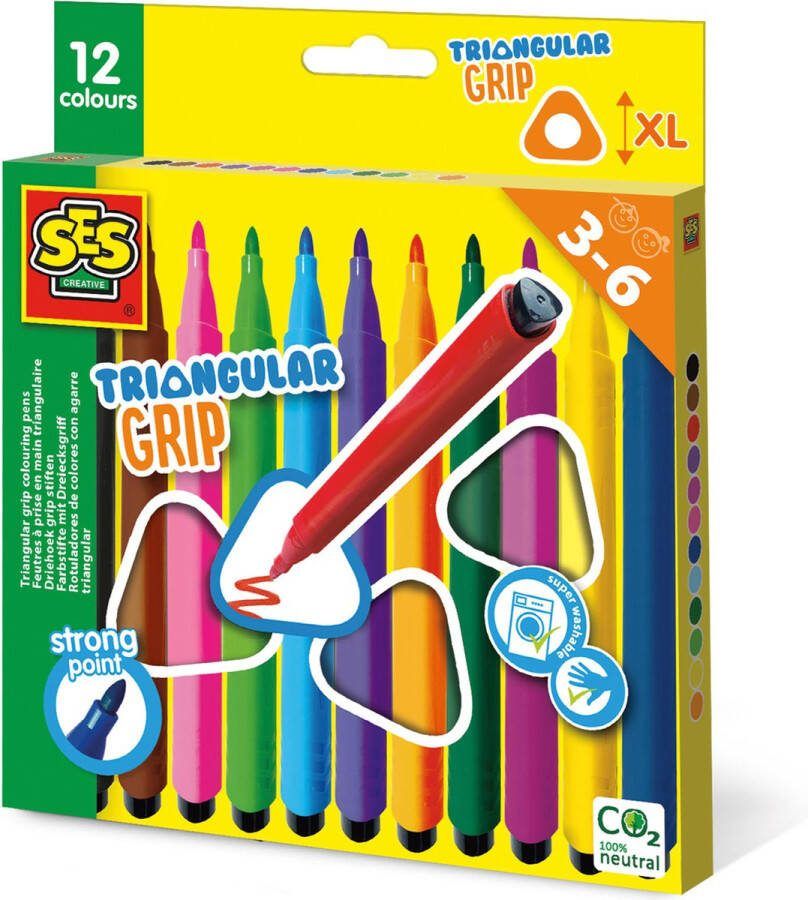 SES Ik Leer Driehoek Grip Stiften ergonomische grip dikke stiften goed uitwasbaar heldere kleuren 12 stiften kinderen