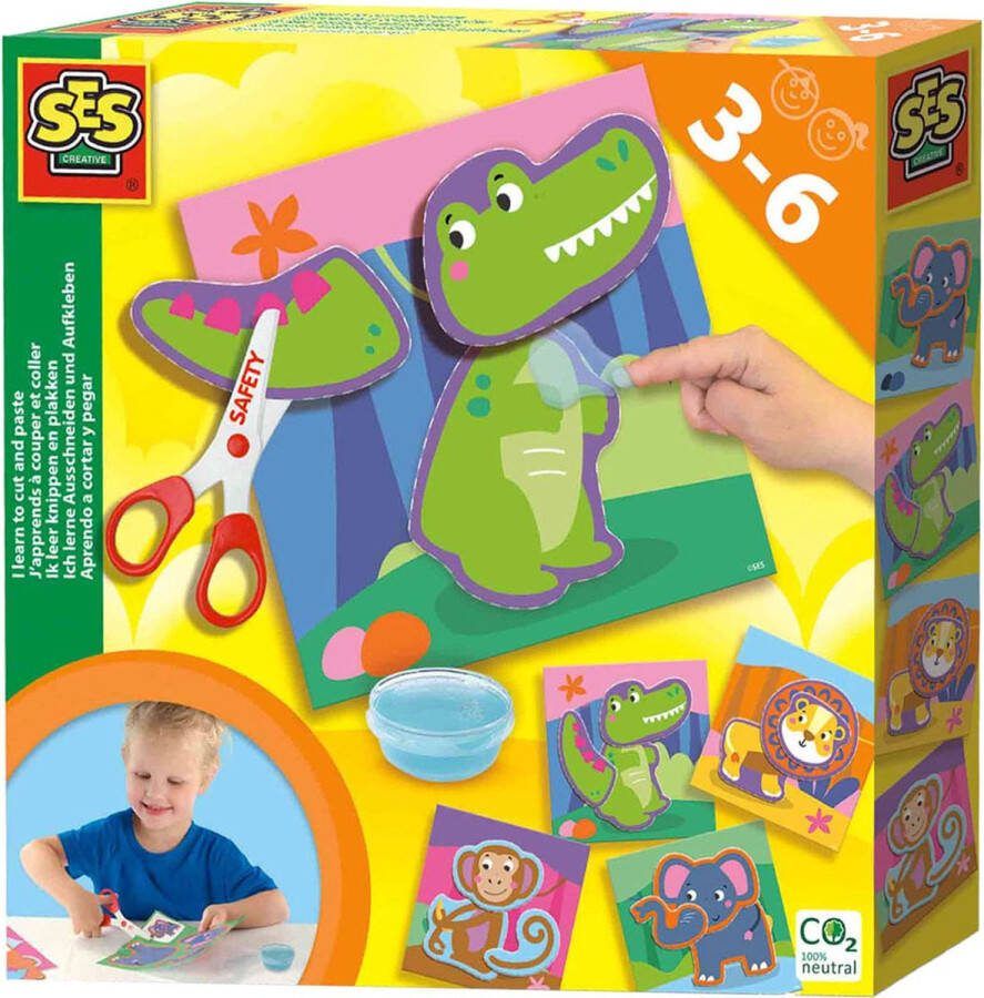 SES Ik leer knippen en plakken 4 knip kaarten en 4 plak kaarten inclusief veilige kinderschaar en vingerlijm
