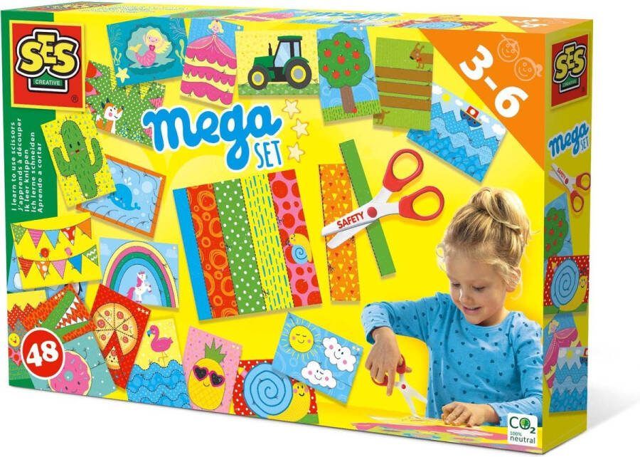 SES Ik leer knippen Mega set Montessori met 48 mooie knipvellen en veilige schaar die alleen papier knipt Knutselpakket Speelgoed 3 jaar