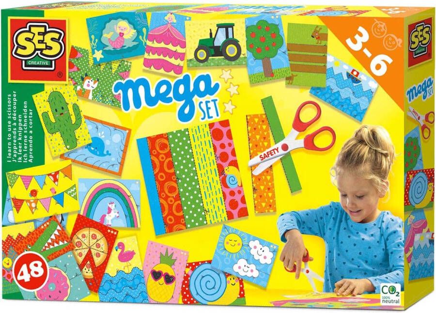 SES Ik leer knippen Mega set Montessori met 48 mooie knipvellen en veilige schaar die alleen papier knipt Knutselpakket Speelgoed 3 jaar