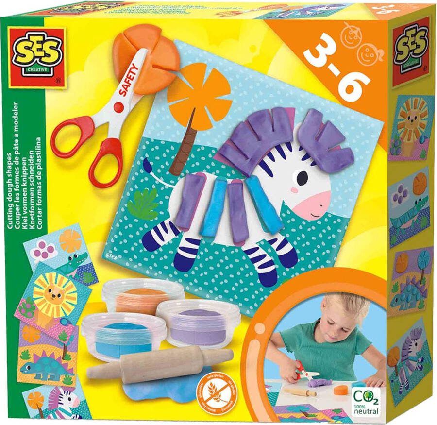 SES Klei vormen knippen 3 kleuren klei (3x40g) met veilige kinderschaar en herbruikbare klei kaarten glutenvrij