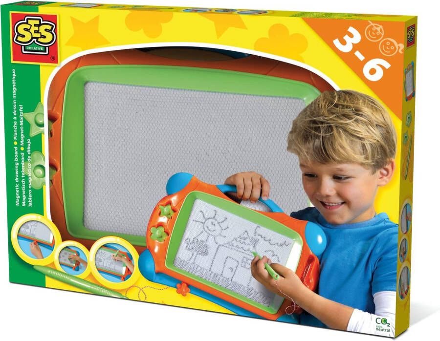 SES Magnetisch tekenbord Montessori 25x34cm met pen en 2 stempels tekentablet speelgoed 3 jaar