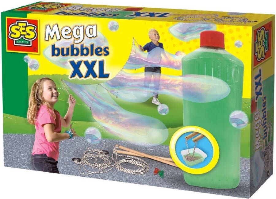 SES Mega bubbles XXL bellenblaas met handige tool paperclips en sterk zeepsop voor de leukste grote bellen