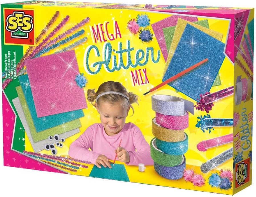 SES Mega Glitter knutselset met glittertape glitterpapier glitterdecoratie losse glitters lijm penseel en wiebeloogjes