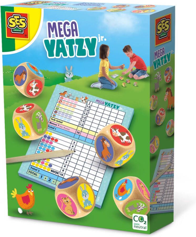 SES Mega Yatzy junior met plaatjes simpele puntentelling grote houten dobbelstenen