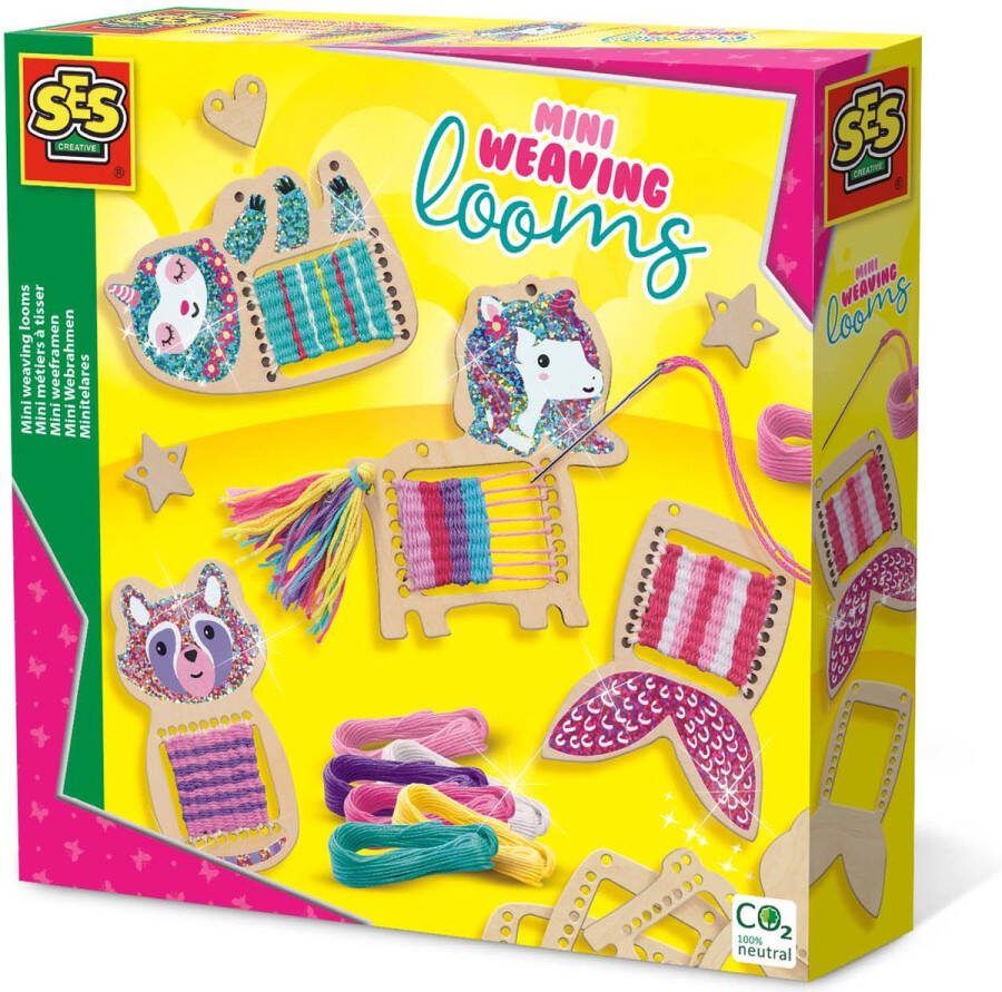 SES Mini weeframen van echt hout inclusief 6 kleuren borduurgaren borduurnaald en glitter stickers knutselen meisjes