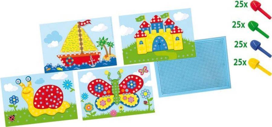SES Mozaïekbord met kaarten met 100 gekleurde pinnen en 4 kaarten om te mozaïeken