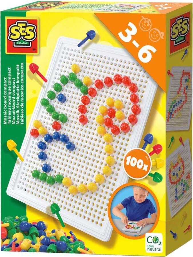SES Mozaïekbord Montessori compact met 100 gekleurde pinnen in 4 kleuren herbruikbaar