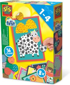 SES My First Dierenprint stickers 8 kaarten met 36 stickers plak de juiste kleuren en patronen op de kaart