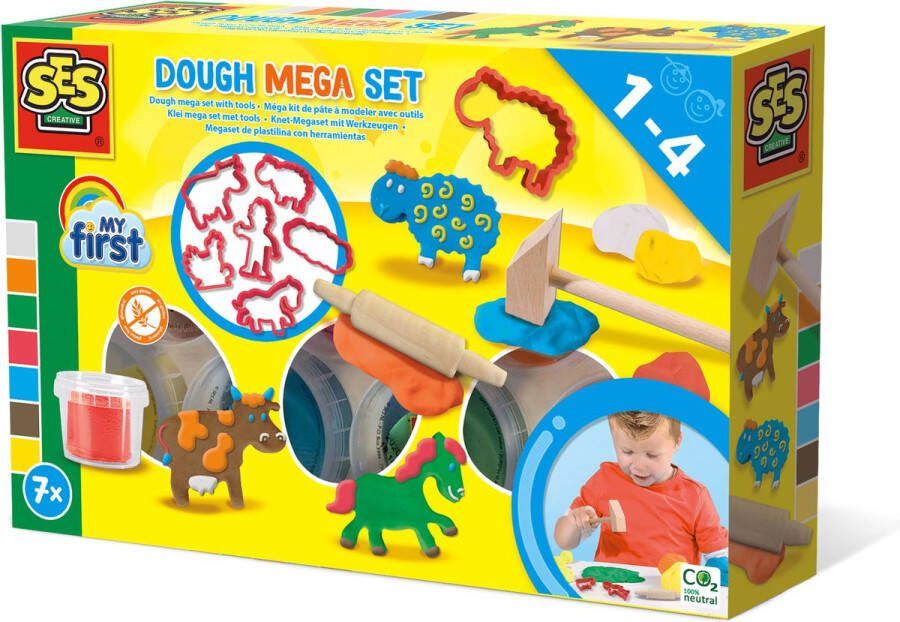 SES My First Klei mega set met tools en Klei Vormpjes glutenvrije klei in heldere kleuren droogt niet uit boerderij uitsteekvormen met houten deegroller en hamer