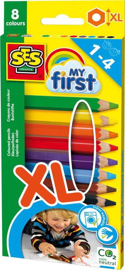 SES My First Kleurpotloden XL korte en dikke potloden 8 verschillende kleuren ergonomische grip