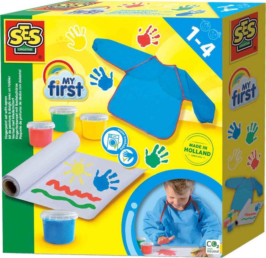 SES My First Verfset met kliederschort 4 kleuren vingerverf (4x110ml) met verfschort en papier goed uitwasbaar hypoallergeen en glutenvrij
